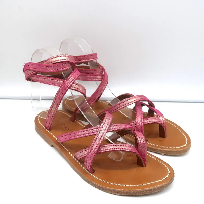 K.Jacques Zenobie Ankle Wrap Thong Sandals Pink Metallic Suede Size 38