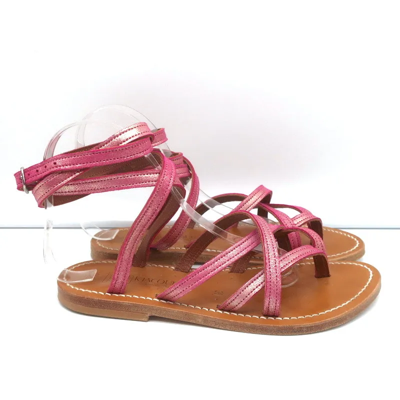 K.Jacques Zenobie Ankle Wrap Thong Sandals Pink Metallic Suede Size 38