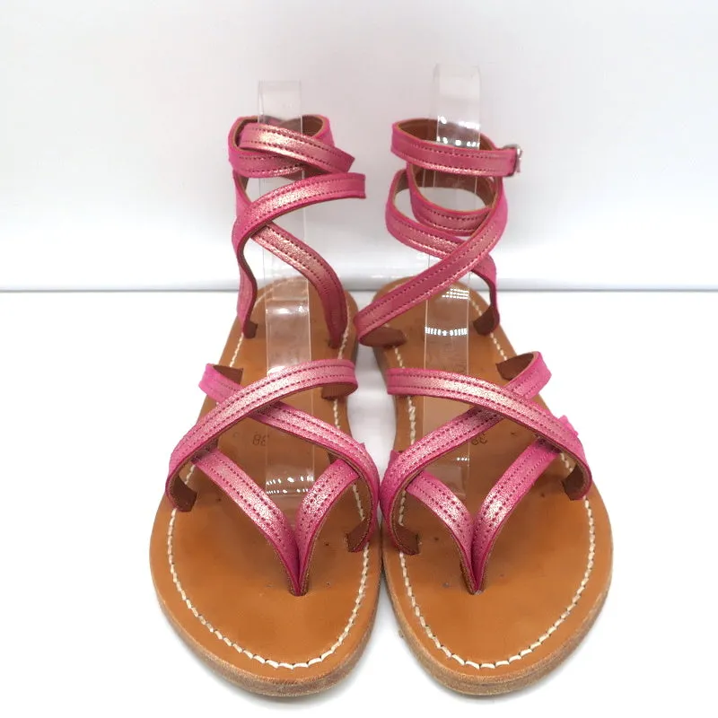 K.Jacques Zenobie Ankle Wrap Thong Sandals Pink Metallic Suede Size 38