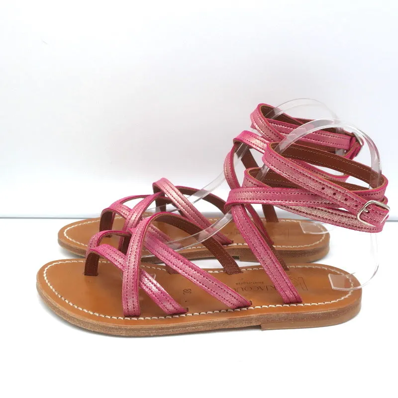 K.Jacques Zenobie Ankle Wrap Thong Sandals Pink Metallic Suede Size 38