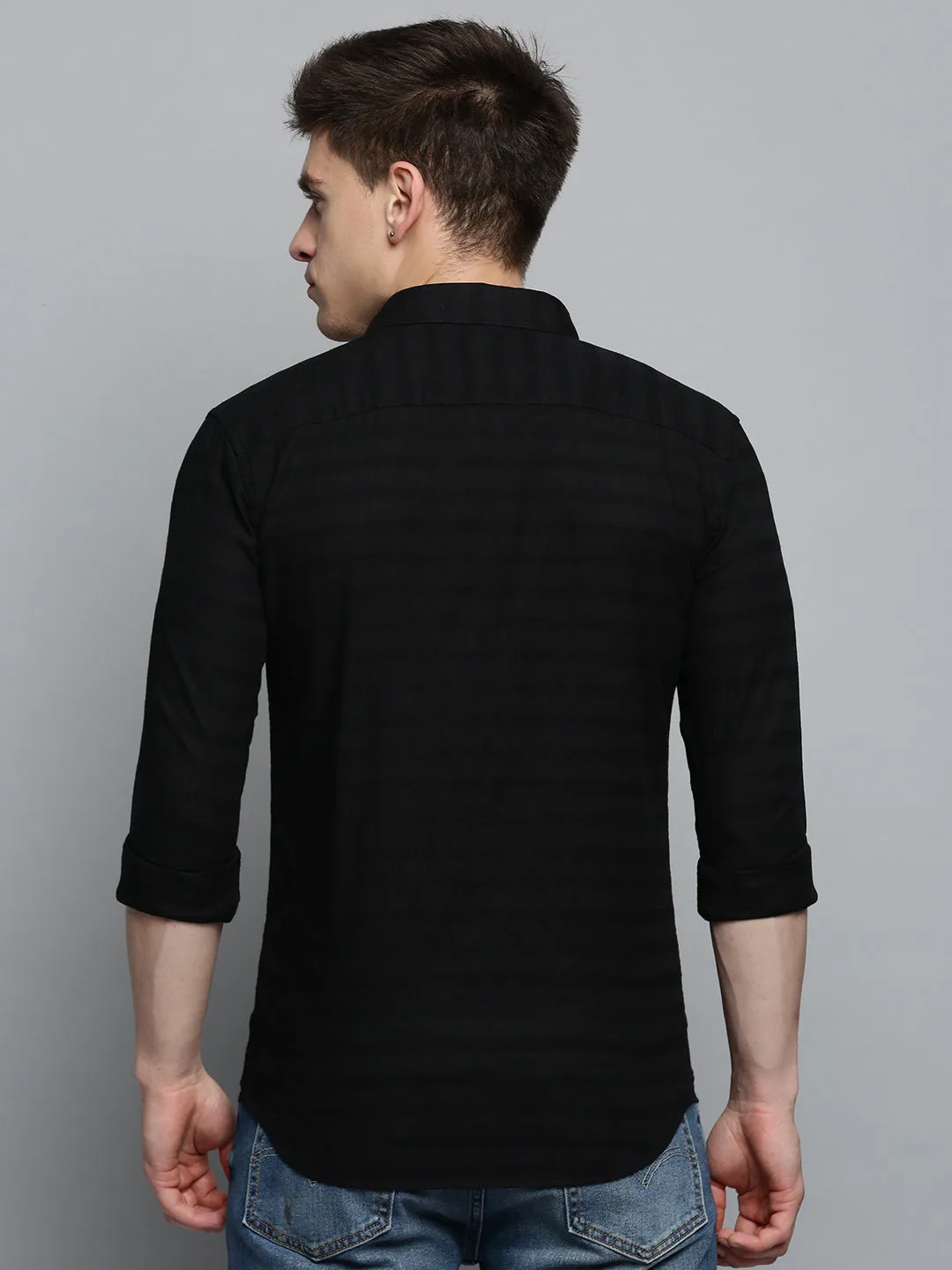 Men Black Classic Striped Casual Cotton Shirt