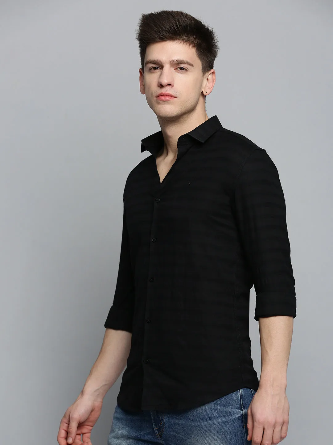 Men Black Classic Striped Casual Cotton Shirt