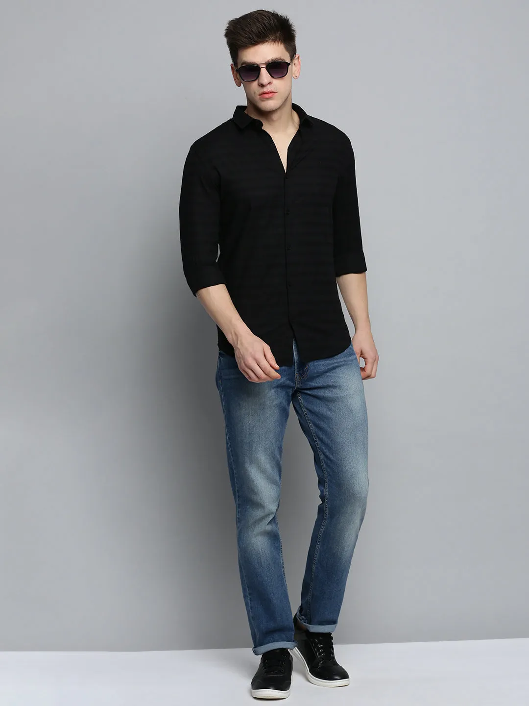 Men Black Classic Striped Casual Cotton Shirt