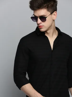 Men Black Classic Striped Casual Cotton Shirt