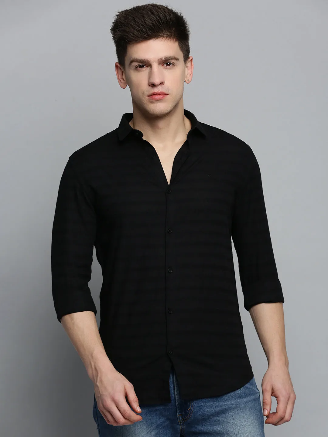 Men Black Classic Striped Casual Cotton Shirt