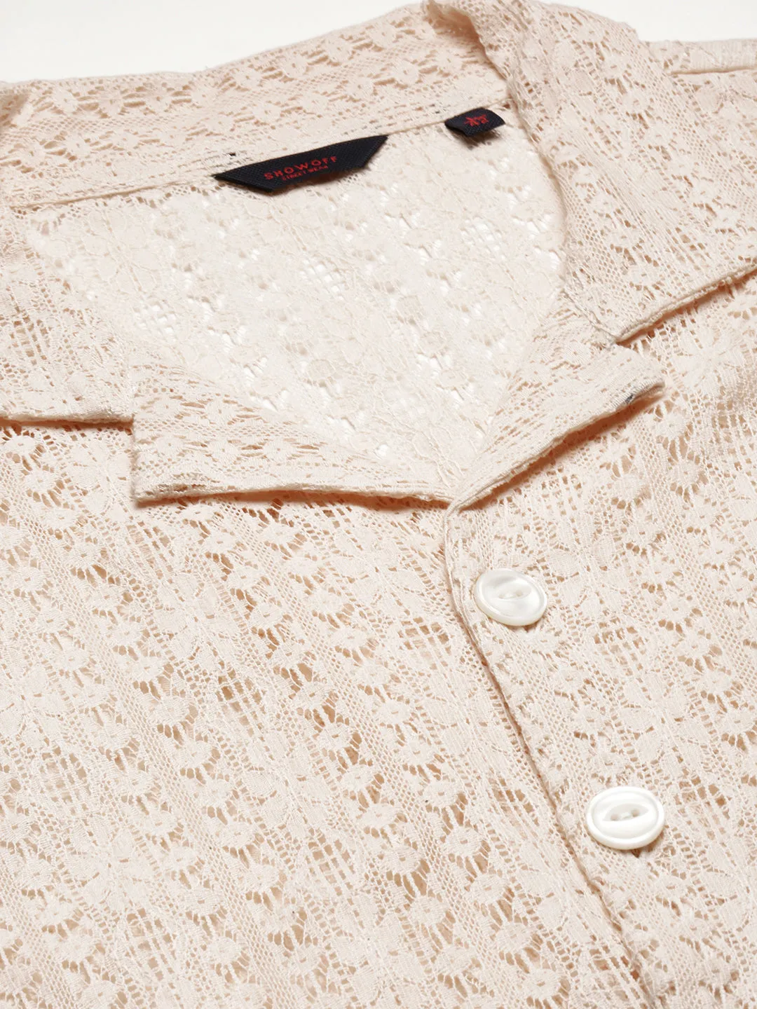 Men Cream Comfort Geometric Cuban Collar Sheer Cotton Casual Crochet Shirt
