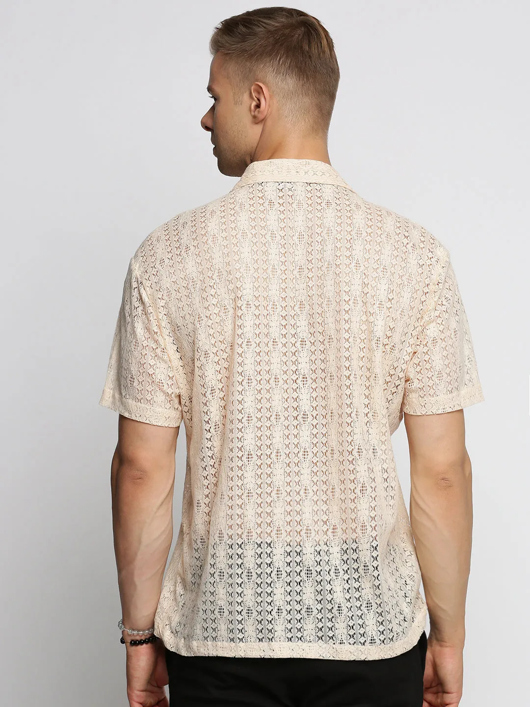 Men Cream Comfort Geometric Cuban Collar Sheer Cotton Casual Crochet Shirt