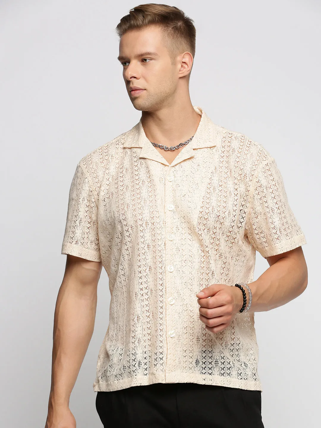 Men Cream Comfort Geometric Cuban Collar Sheer Cotton Casual Crochet Shirt