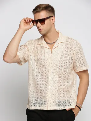 Men Cream Comfort Geometric Cuban Collar Sheer Cotton Casual Crochet Shirt