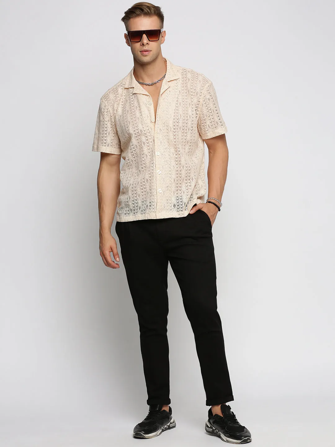 Men Cream Comfort Geometric Cuban Collar Sheer Cotton Casual Crochet Shirt