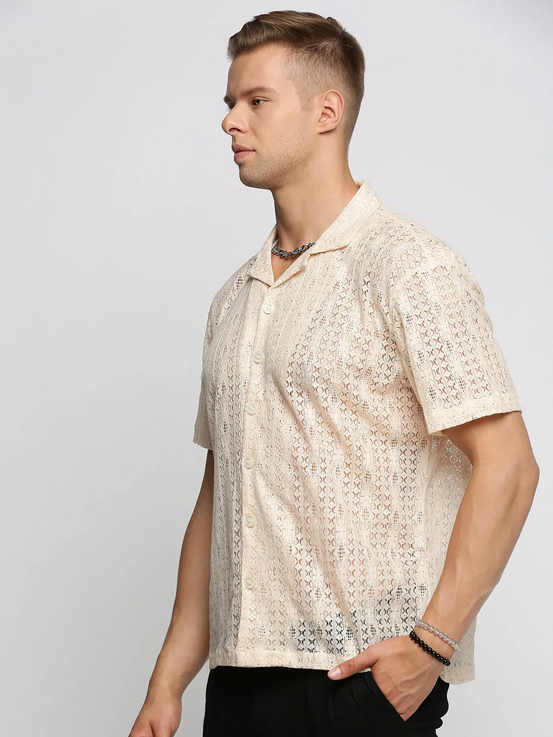 Men Cream Comfort Geometric Cuban Collar Sheer Cotton Casual Crochet Shirt