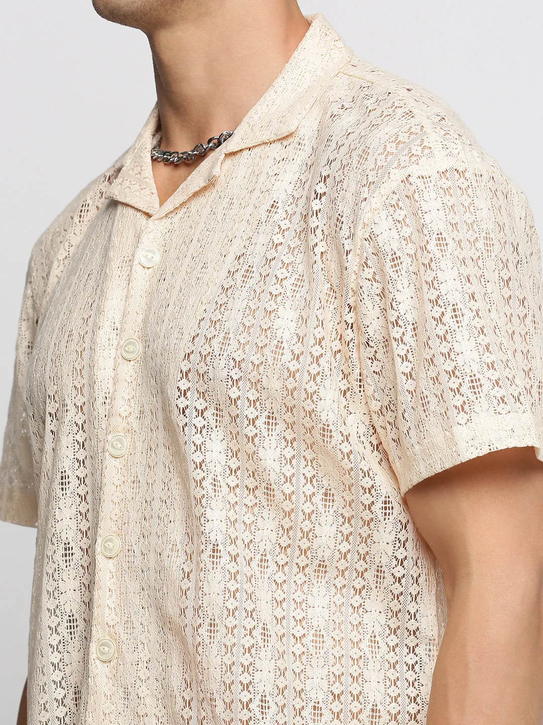 Men Cream Comfort Geometric Cuban Collar Sheer Cotton Casual Crochet Shirt