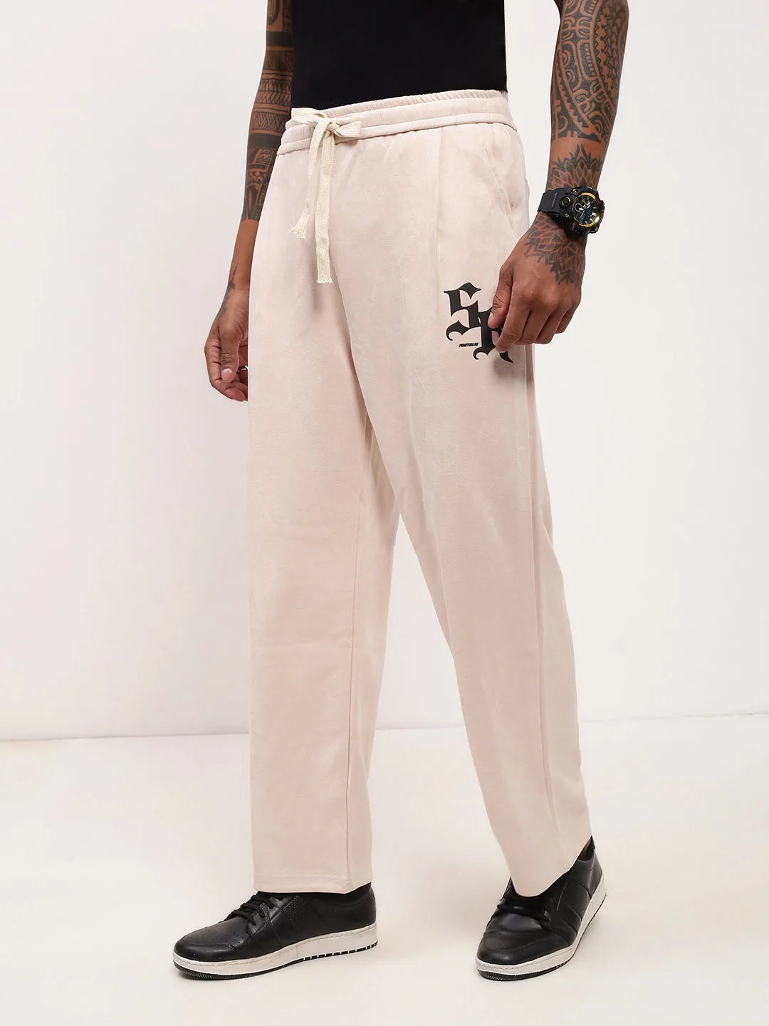 Men Cream Solid Straight Fit Trousers