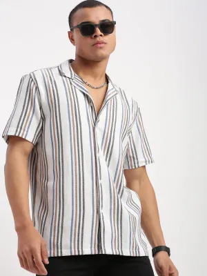 Men Cuban Collar Vertical Stripes White Shirt