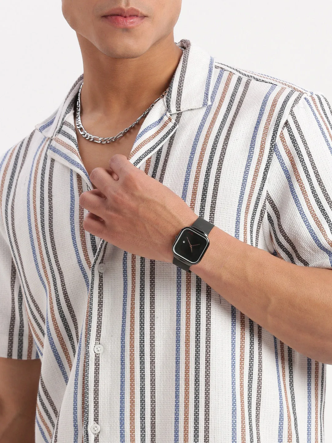 Men Cuban Collar Vertical Stripes White Shirt
