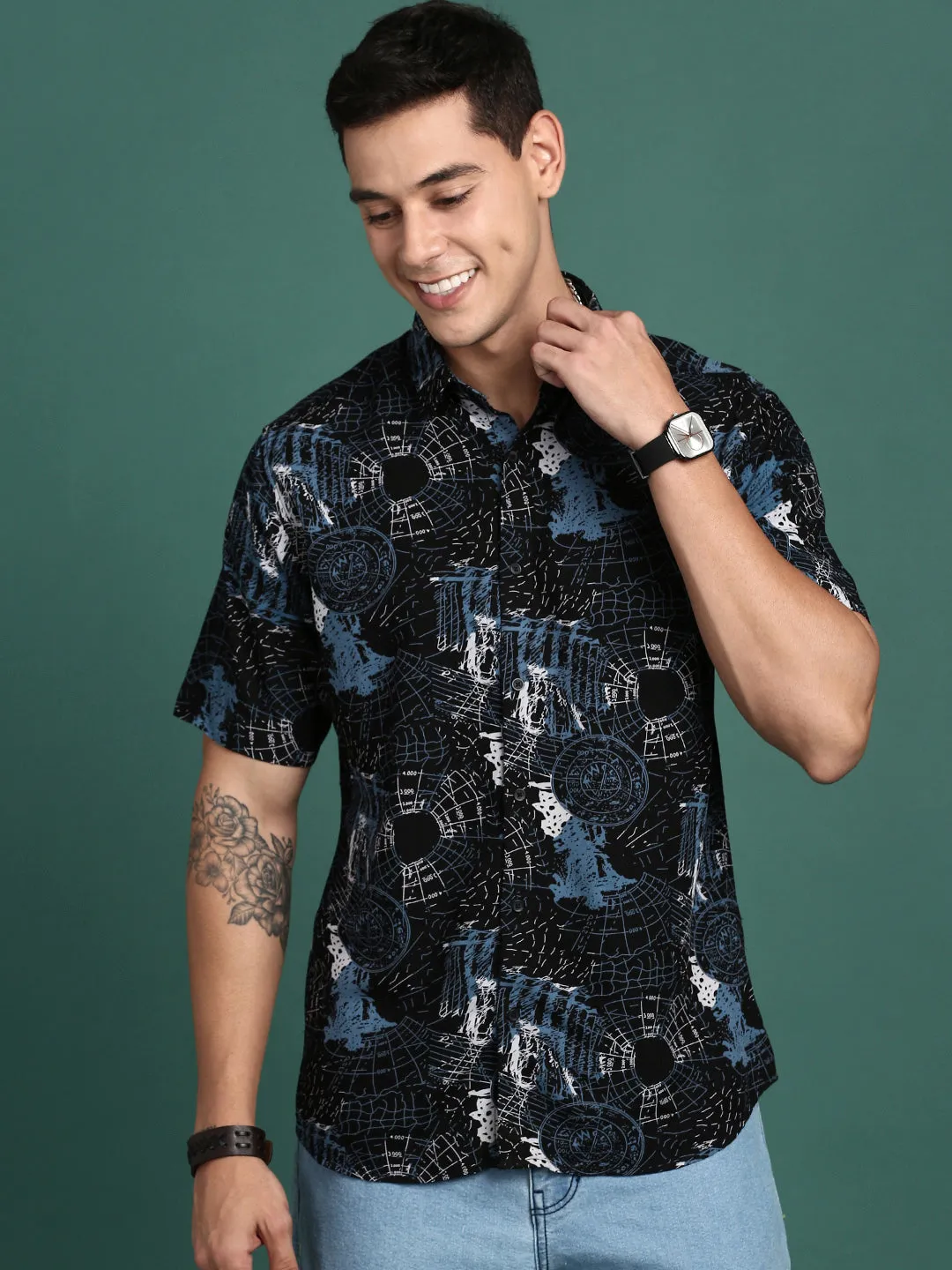 Men Graphic Black Slim Fit Shirt