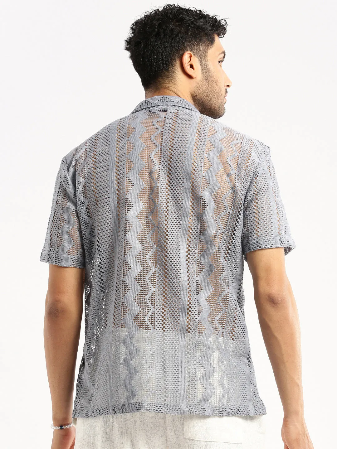 Men Grey Comfort Geometric Printed Cuban Collar Sheer Cotton Crochet Shirt