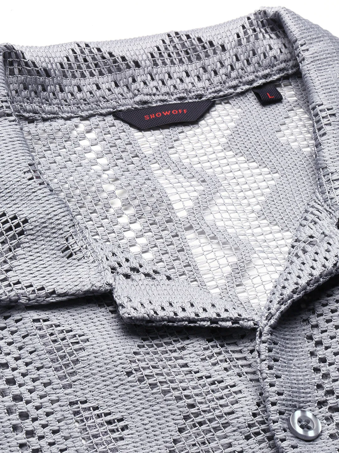 Men Grey Comfort Geometric Printed Cuban Collar Sheer Cotton Crochet Shirt
