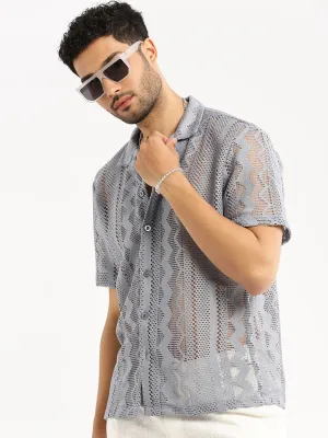 Men Grey Comfort Geometric Printed Cuban Collar Sheer Cotton Crochet Shirt