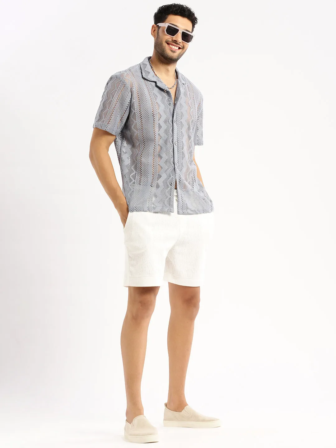 Men Grey Comfort Geometric Printed Cuban Collar Sheer Cotton Crochet Shirt
