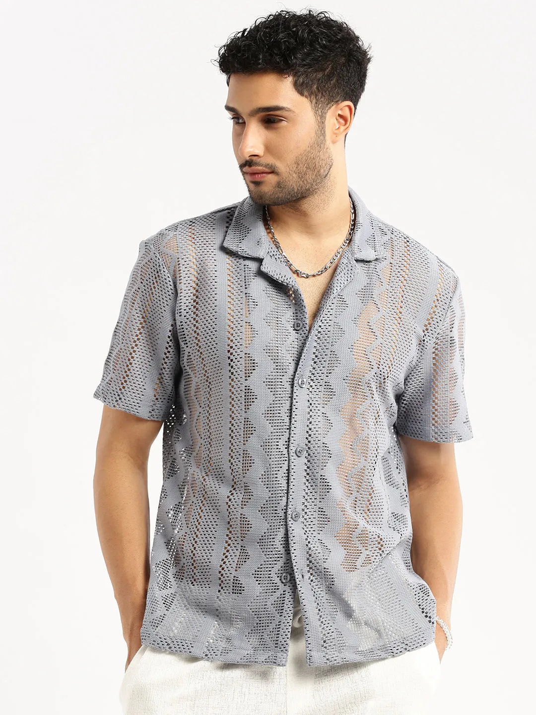 Men Grey Comfort Geometric Printed Cuban Collar Sheer Cotton Crochet Shirt