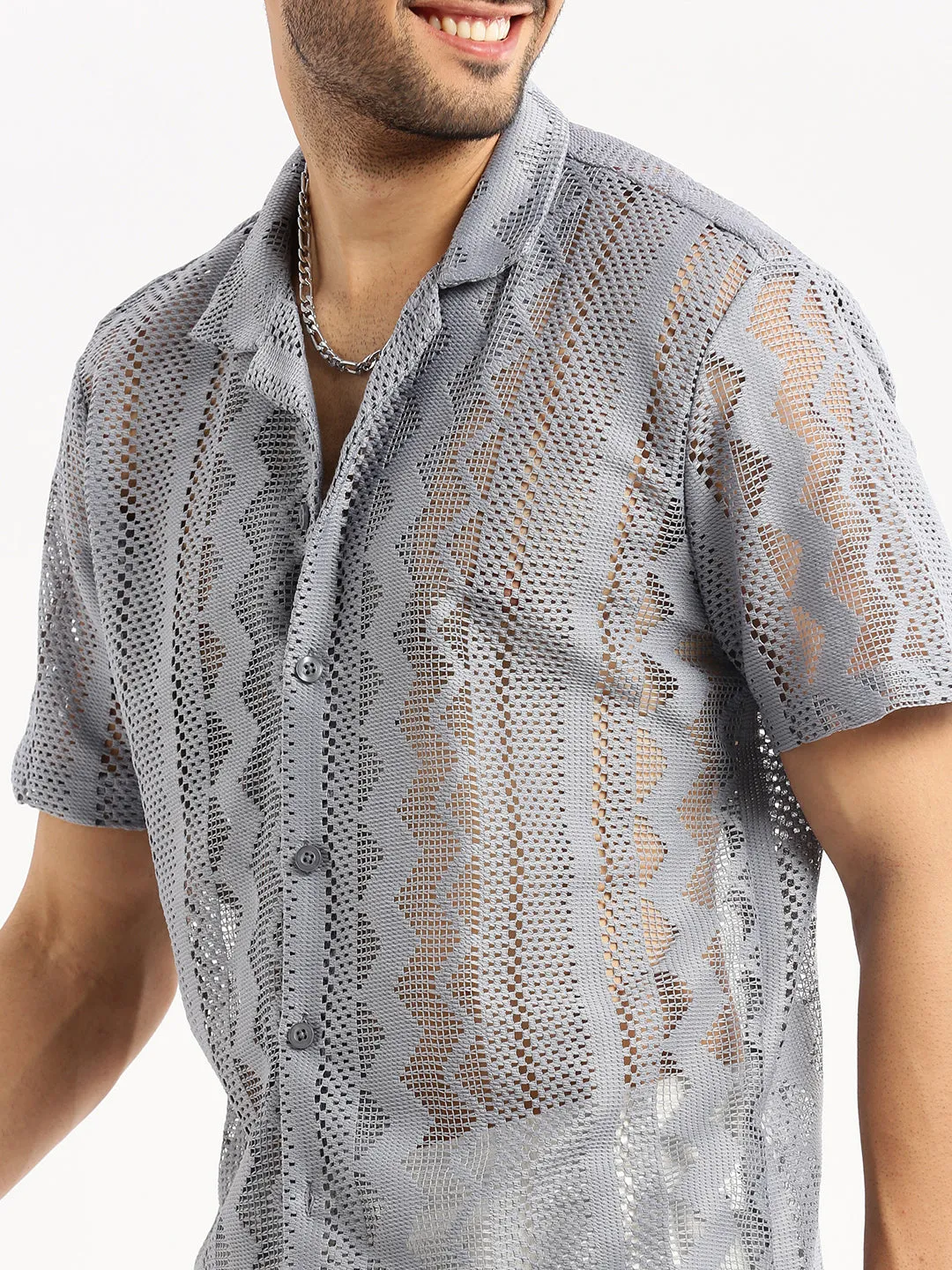 Men Grey Comfort Geometric Printed Cuban Collar Sheer Cotton Crochet Shirt