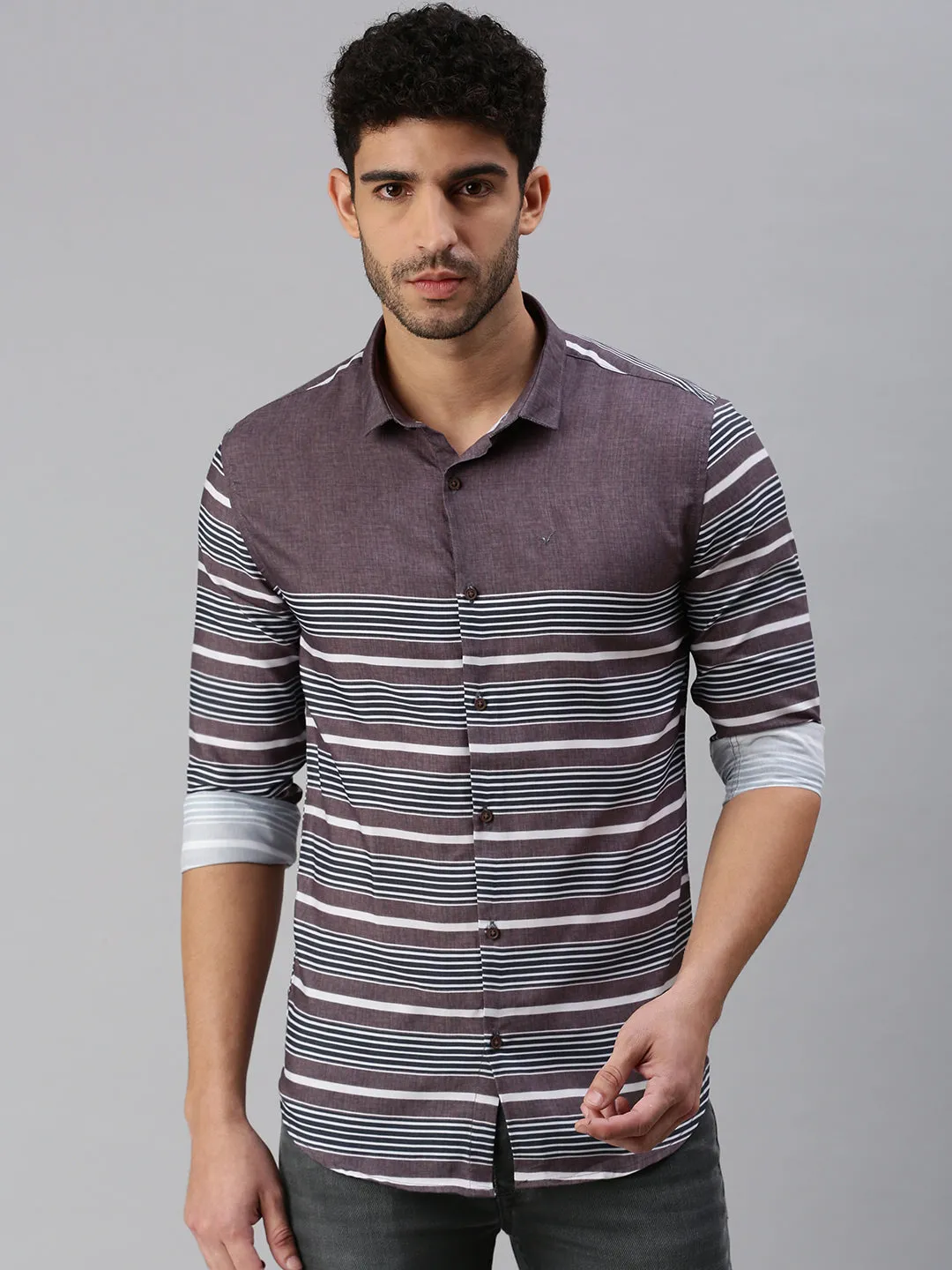 Men Grey Comfort Horizontal Striped Casual Shirt
