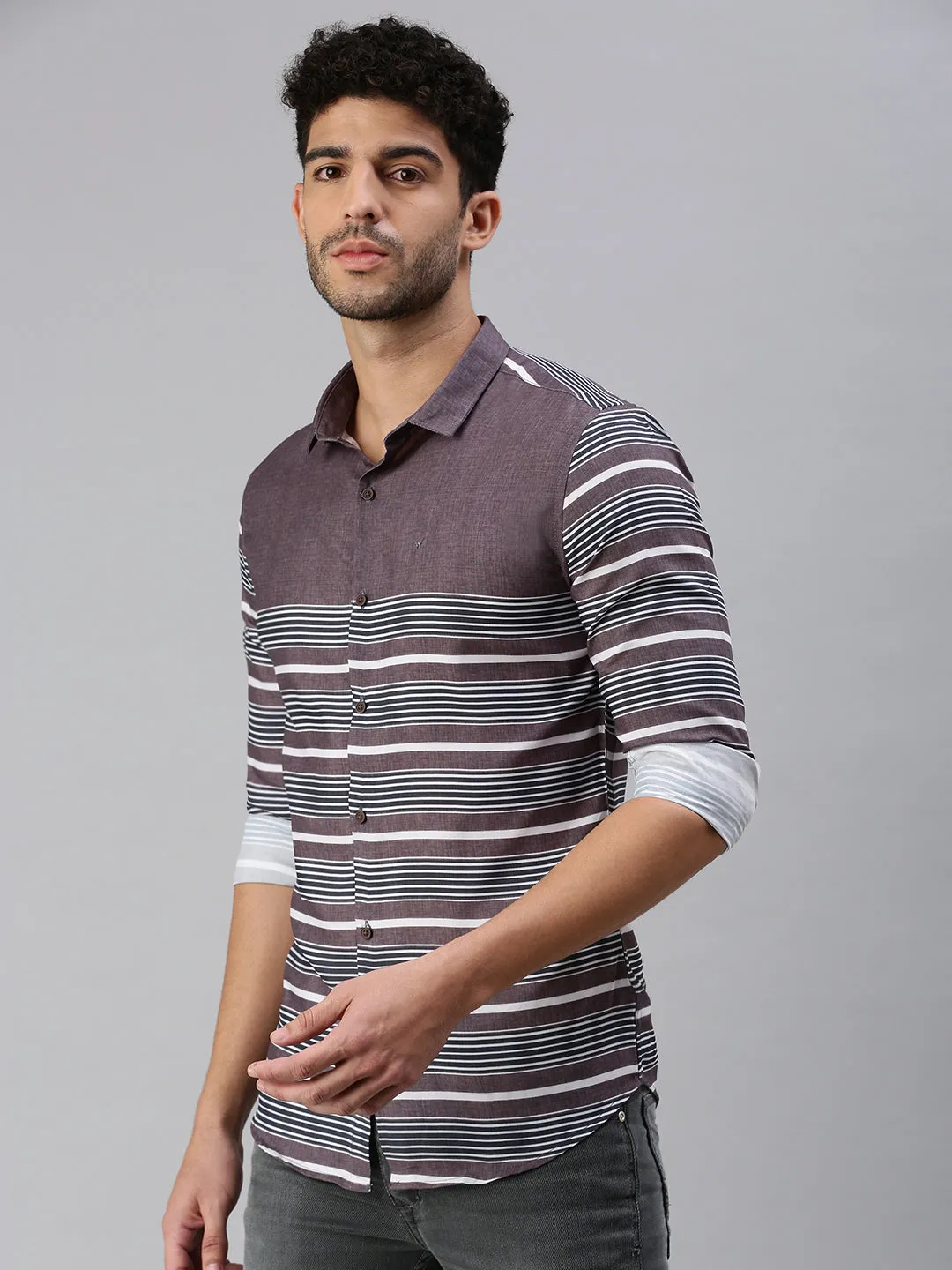 Men Grey Comfort Horizontal Striped Casual Shirt
