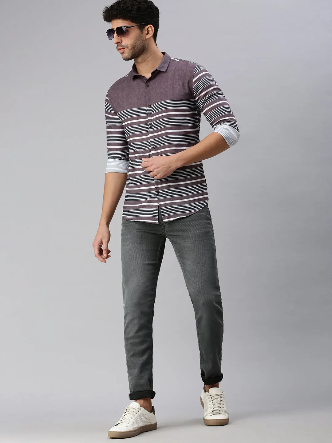 Men Grey Comfort Horizontal Striped Casual Shirt