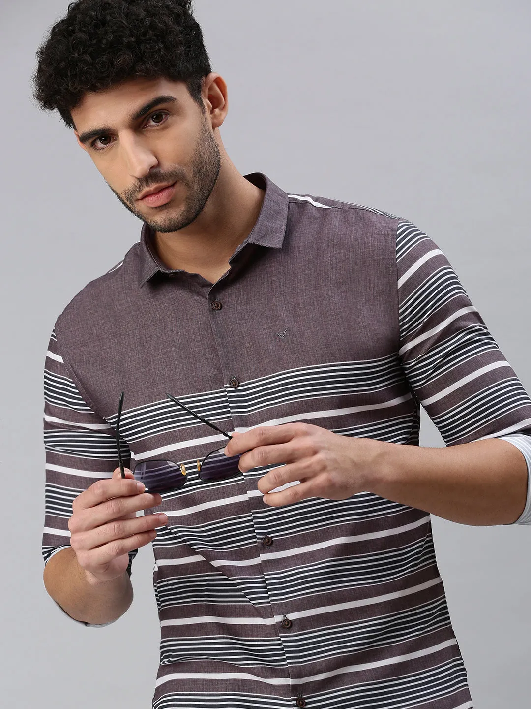 Men Grey Comfort Horizontal Striped Casual Shirt