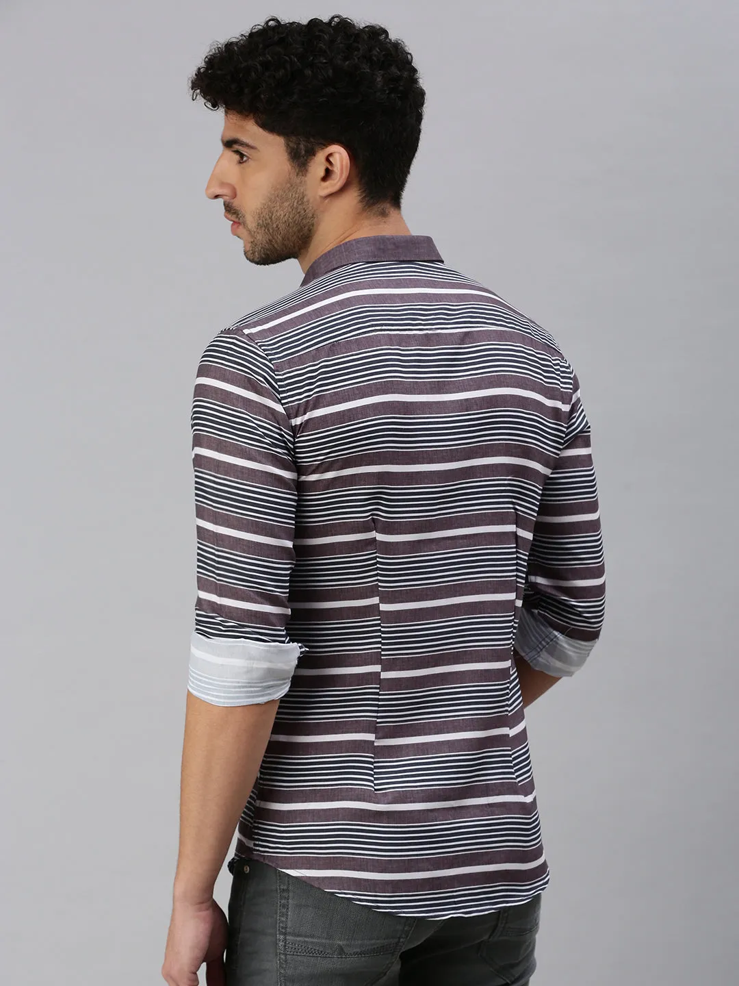Men Grey Comfort Horizontal Striped Casual Shirt