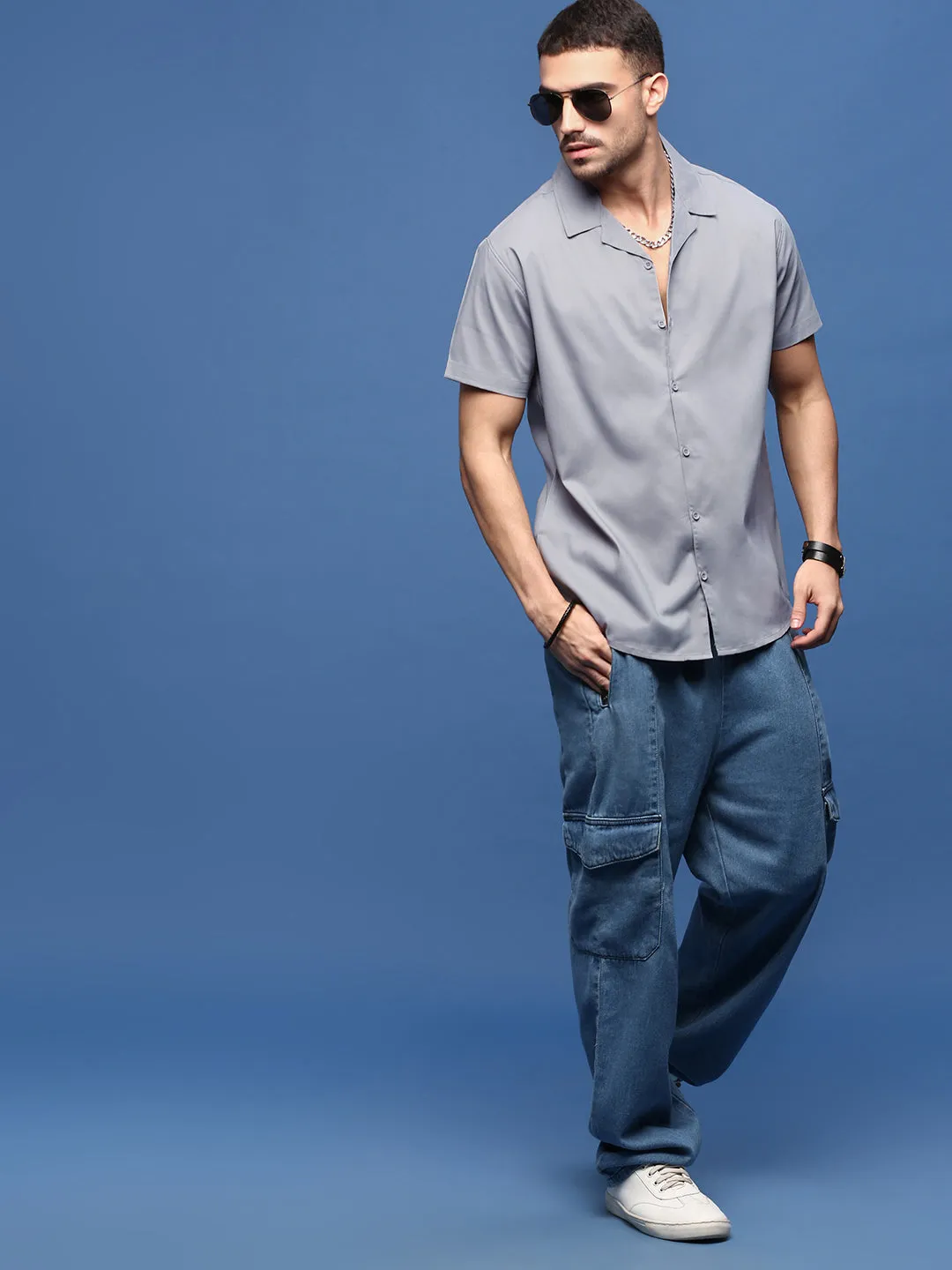 Men Grey Solid Cuban Collar Shirt