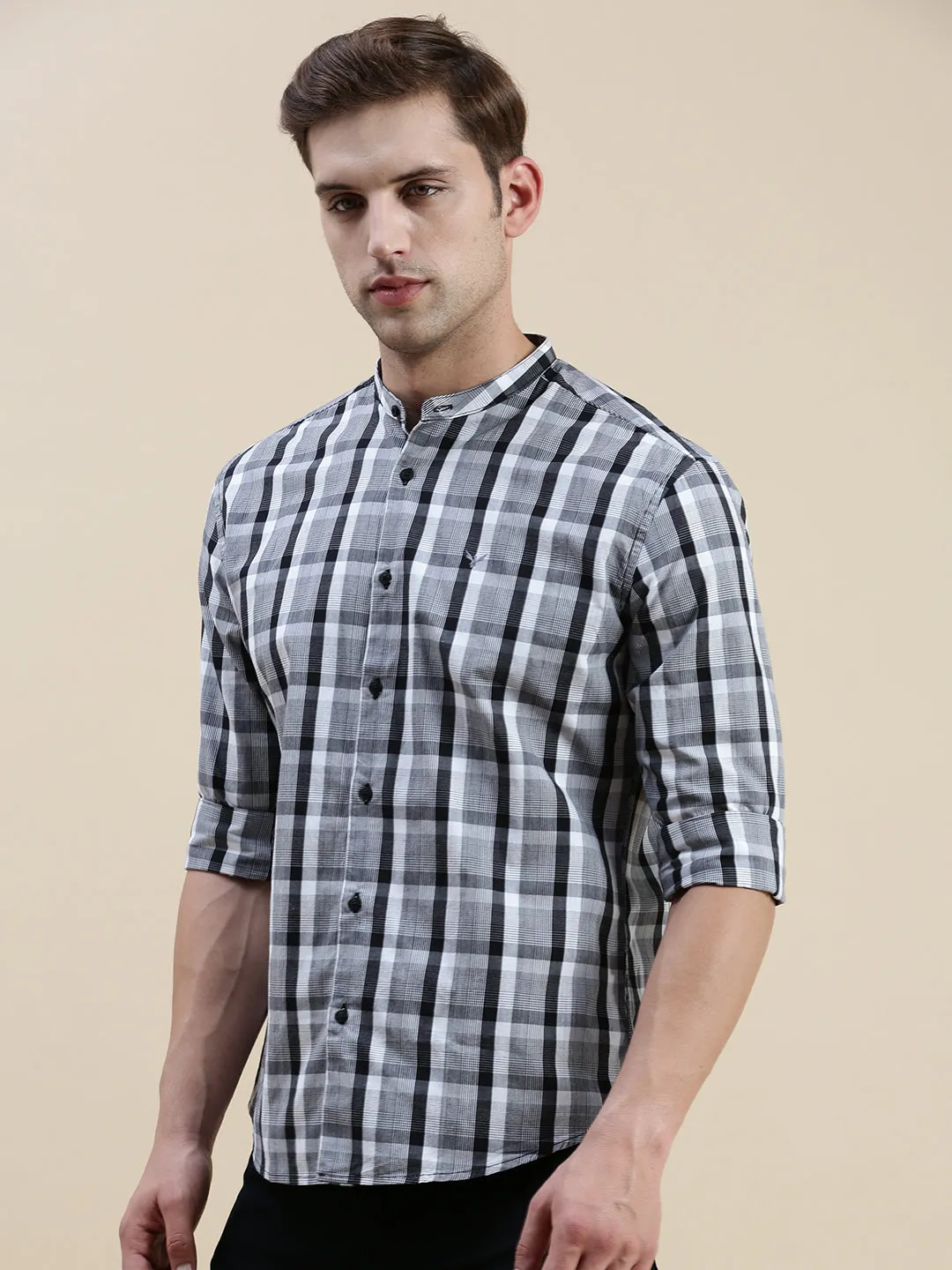 Men Grey Standard Slim Fit Tartan Checks Mandarin Collar Cotton Casual Shirt