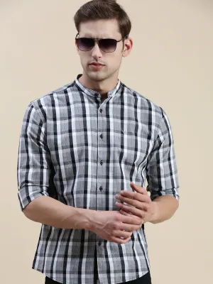 Men Grey Standard Slim Fit Tartan Checks Mandarin Collar Cotton Casual Shirt