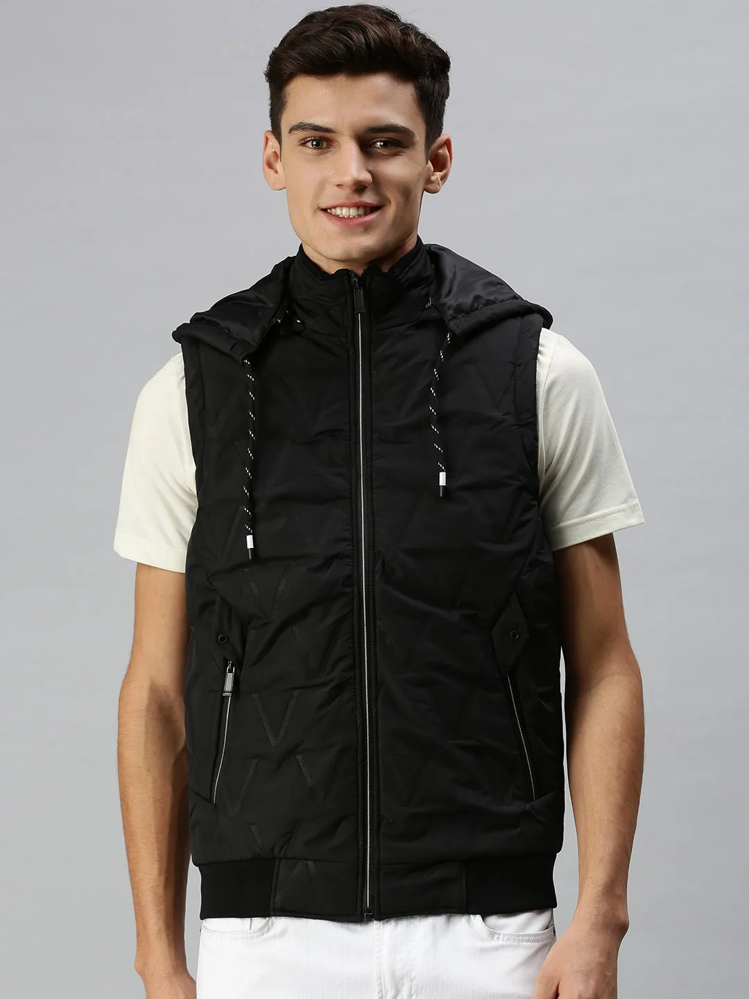 Men Hooded Solid Black Padded Jacket