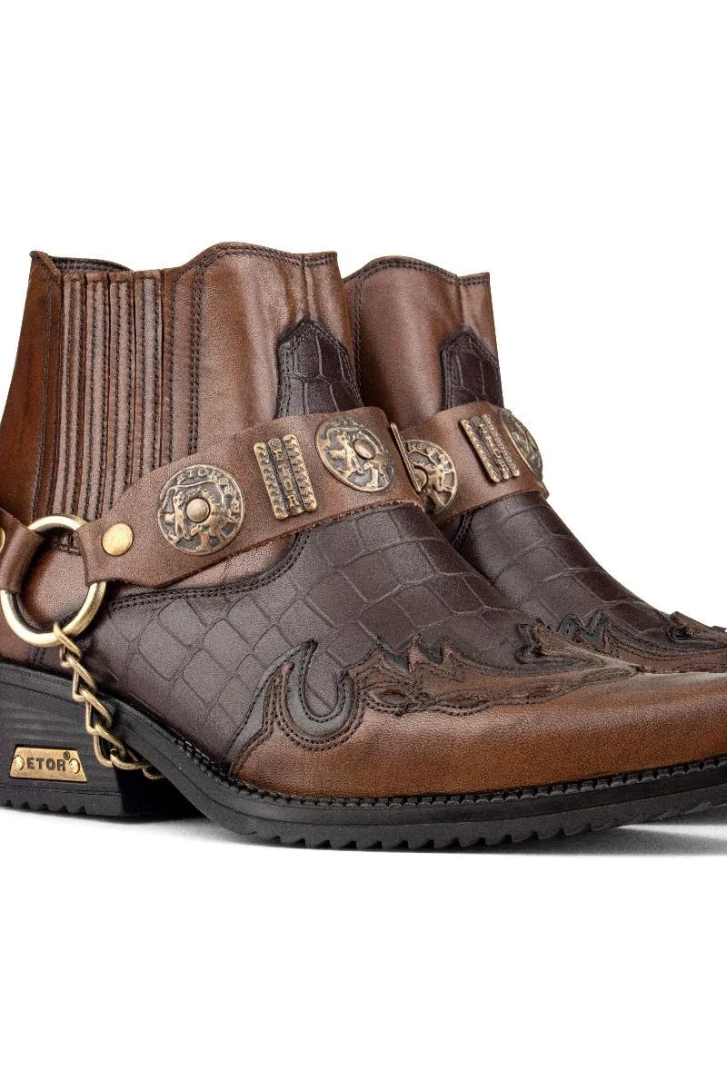 Men's Brown Leather Two-tone Winklepicker Biker Boots