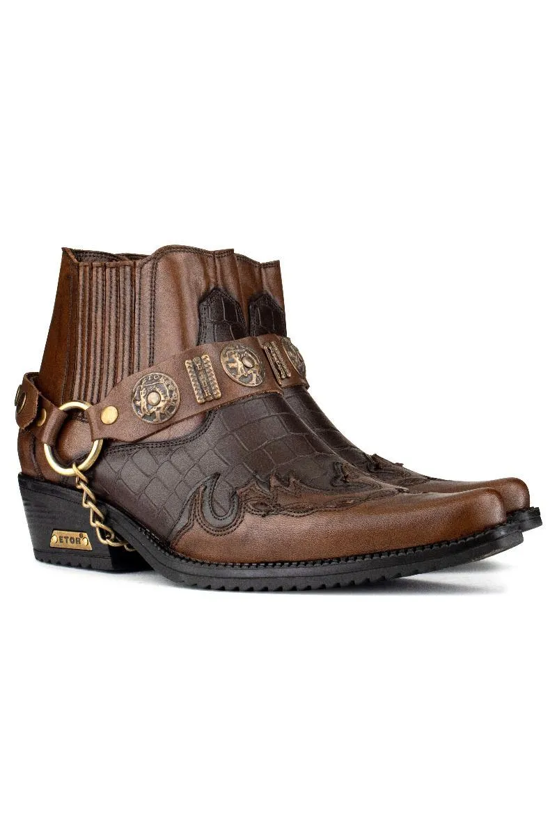 Men's Brown Leather Two-tone Winklepicker Biker Boots