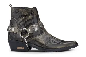 Mens Olive Snakeskin Winklepicker Cowboy Leather Ankle Boots