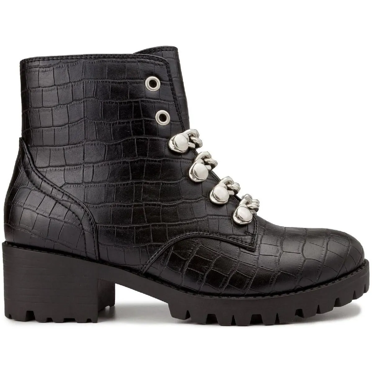 Obvi Womens Faux Leather Chain Combat & Lace-up Boots