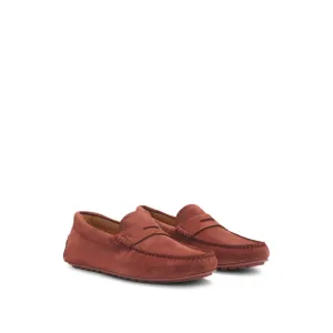 Portuguese-crafted moccasin loafers in suede with penny trim