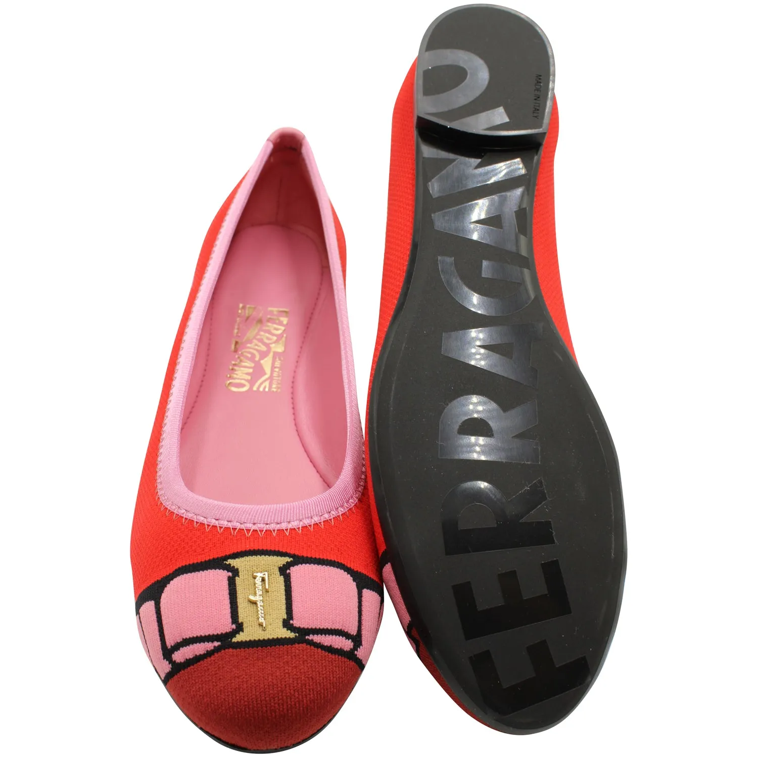 Salvatore Ferragamo Varina Bow-accent Embroidery Knit Ballet Flats in Polyester