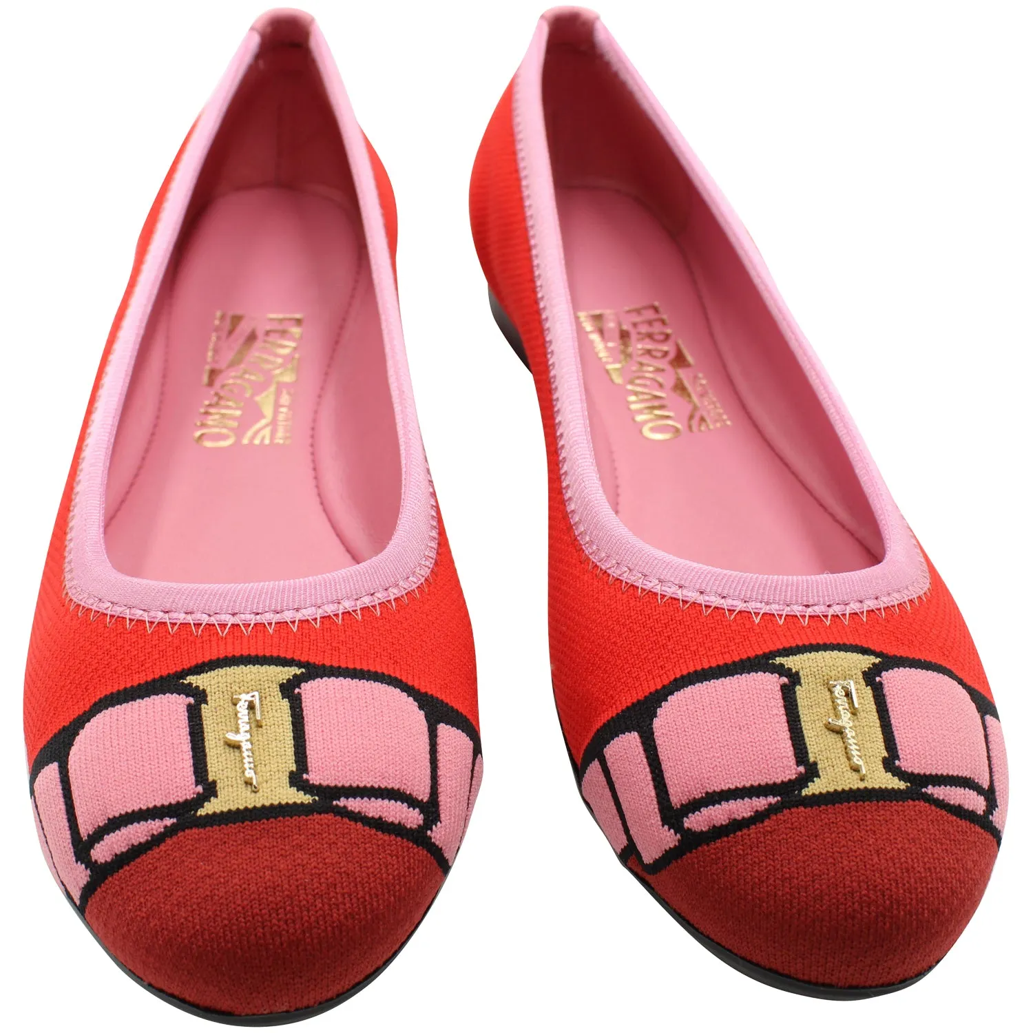 Salvatore Ferragamo Varina Bow-accent Embroidery Knit Ballet Flats in Polyester