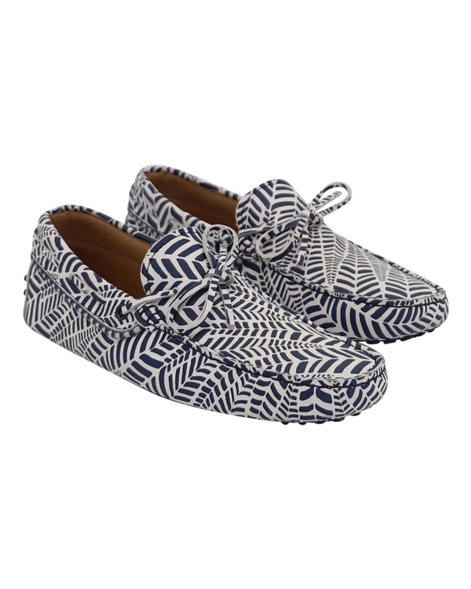 Tod's Geometric Print Driving Loafers in Blue and White Leather