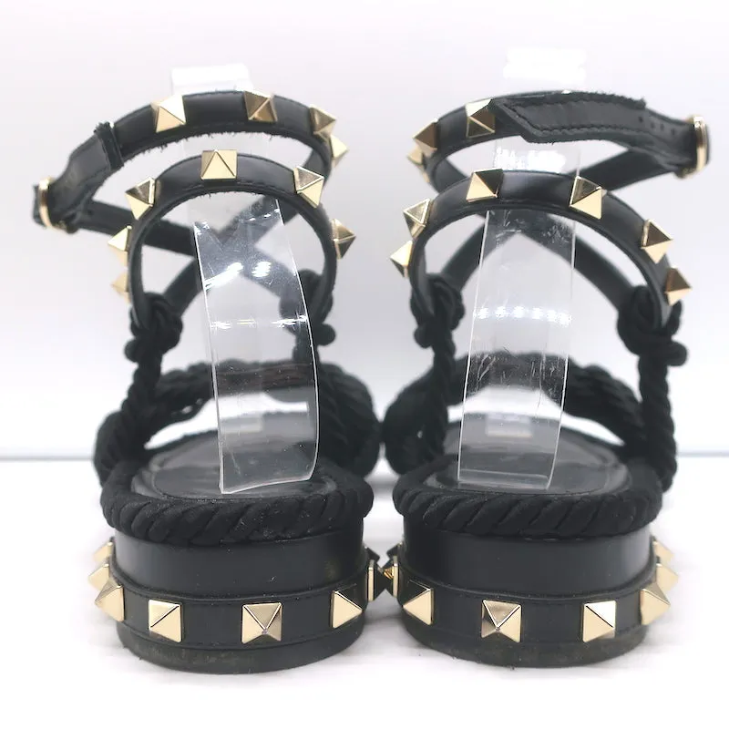 Valentino Rockstud Braided Ankle Strap Sandals Black Leather & Satin Size 40