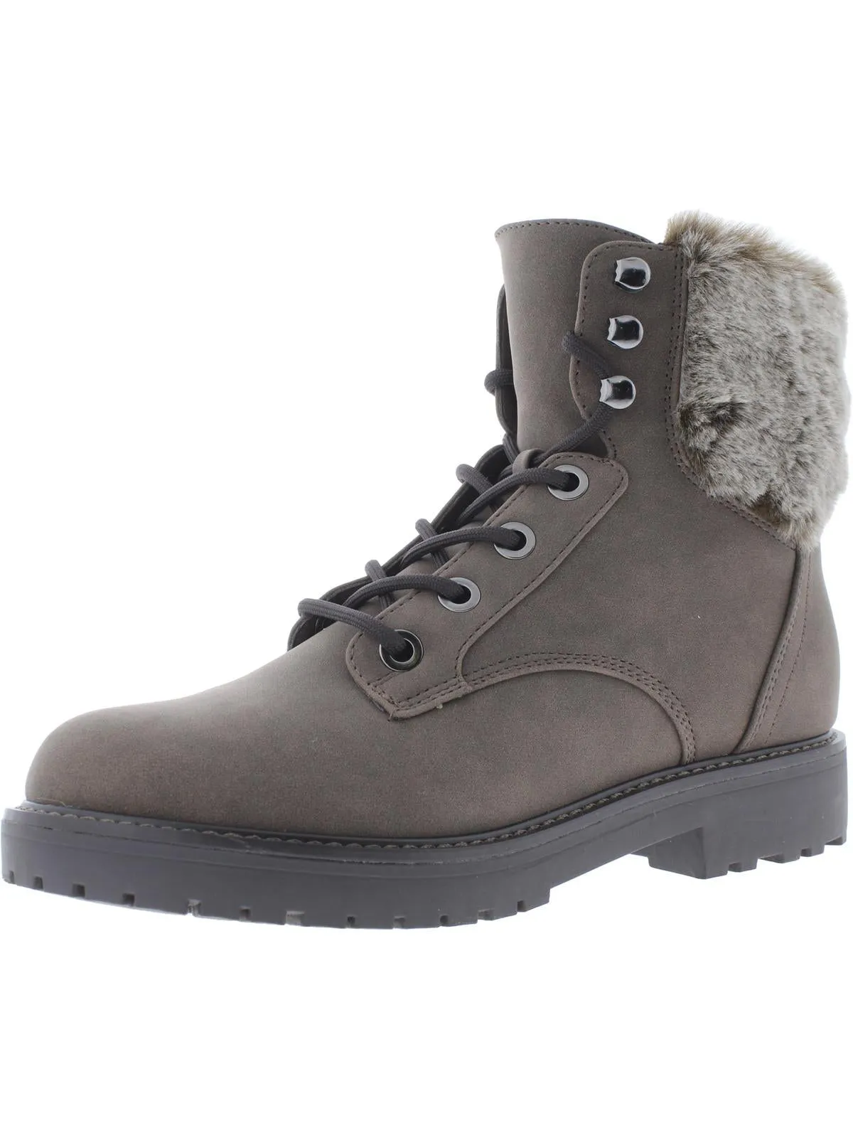 Womens Faux Leather Faux Fur Trim Ankle Boots