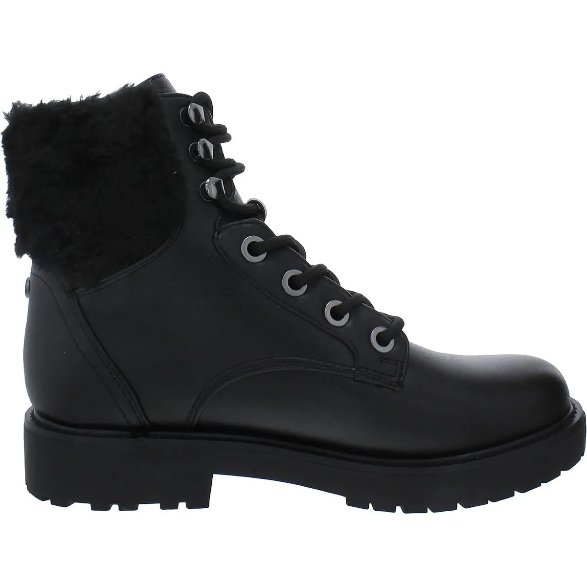 Womens Faux Leather Faux Fur Trim Ankle Boots